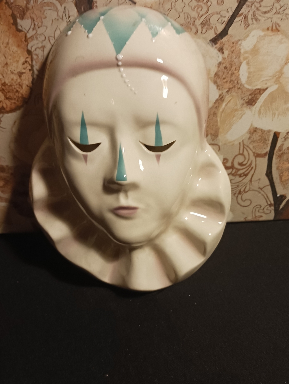 Porcelain Pierrot Wall Mask — White with Teal Accent  Vintage Orginal